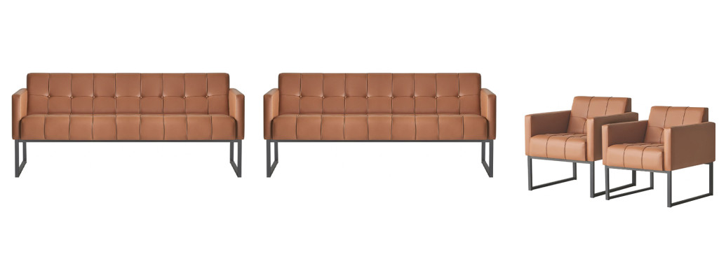 Office set, 4-piece, 2x 3-seater, 2x armchair, brown solid color, living room