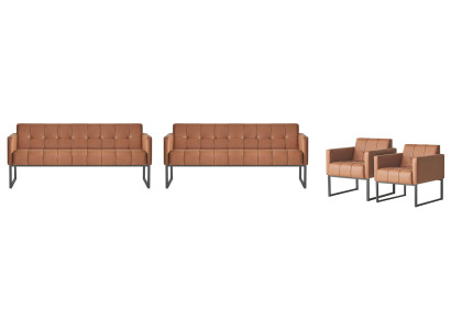 Office set, 4-piece, 2x 3-seater, 2x armchair, brown solid color, living room