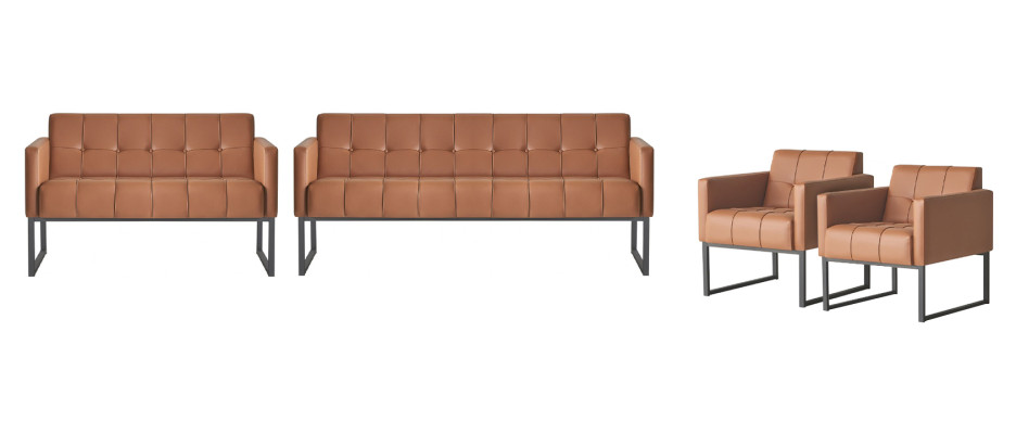 4-piece office set: 2x 3-seater, 2x armchair, brown, solid color, modern style