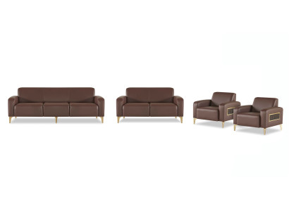 Study set 3-seater, 2-seater, 2x armchairs, brown, solid color, modern