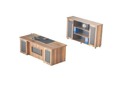 Office room set 2-piece desk filing cabinet brown black two-tone