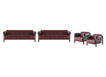 Leather sofas wood 3-seater armchair Bordeaux modern leather couch vintage 4-piece set.