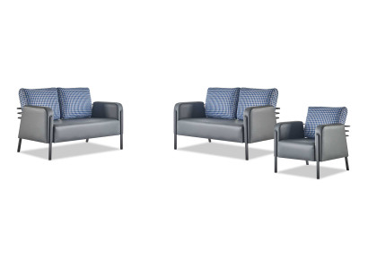Complete leather sofa set, 2-seater armchair, modern grey blue leather textile