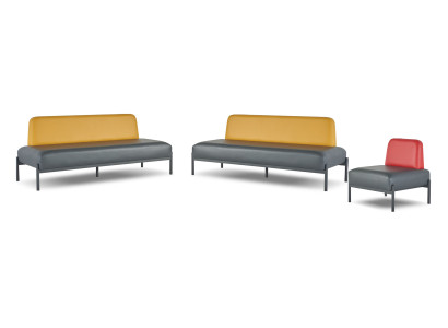 Yellow and Red Art Deco Stainless Steel 3-Seater Sofa Chair Black Leather Set