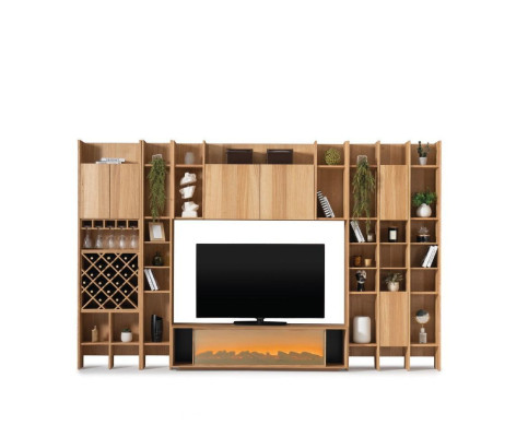 Wall unit with electric fireplace, wall units, corner sofa, armchair, complete set, 5-piece set