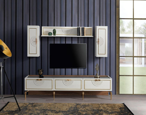 Dining room set: table, 4 chairs, sideboard, 2 mirrors, wall unit, 11 pieces.