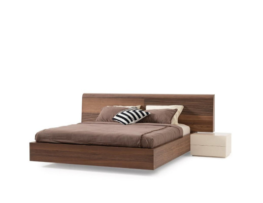 Stylish modern bed with two natural wood nightstands