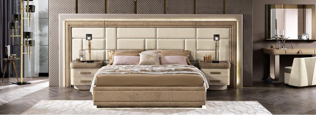 Bedroom furniture bed solid beige Italian furniture wood double bed