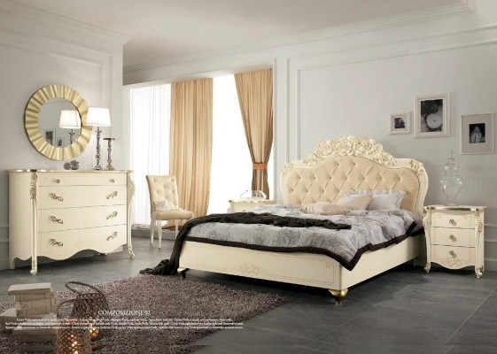 Bedroom set beige bedroom bed nightstand dresser mirror chair 6-piece.