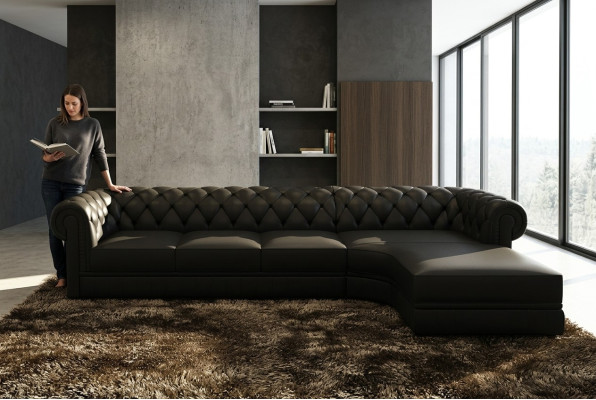 Classic Chesterfield Upholstered Corner Leather Sofa Living Landscape