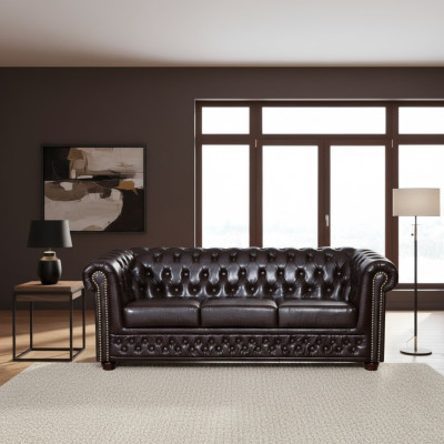 Modern three-seater faux leather sofa, cozy elegant Chesterfield