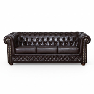 Modern three-seater faux leather sofa, cozy elegant Chesterfield