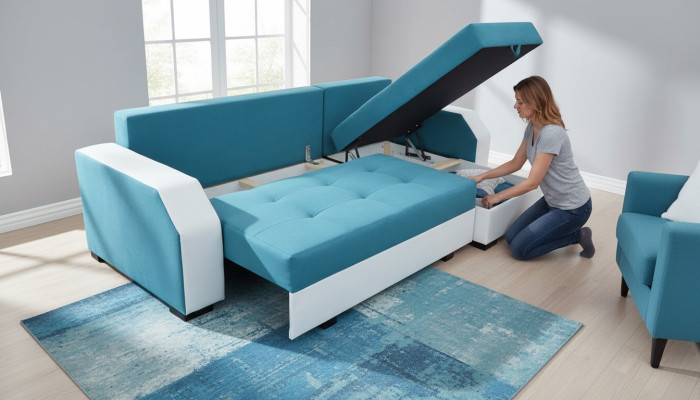 Design corner sofa with bed function, leather textile upholstery sofas couches Sofa Aris