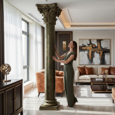 Golden column support, columns, antique style, handmade, hand-painted, hotel furnishings.