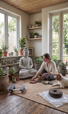 Buddha sculpture with a stone look. Decorative large sculpture for garden figure