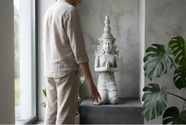 Buddha sculpture with a stone look. Large figure sculpture for garden decorative.