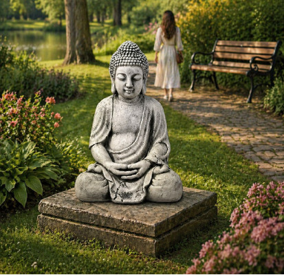 Figure Buddha sculpture in stone look. Large decorative sculpture for garden
