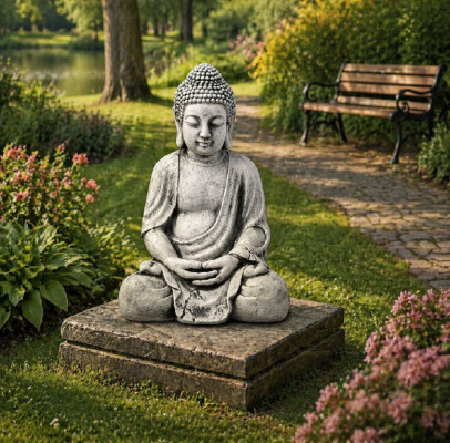 Figure Buddha sculpture in stone look. Large decorative sculpture for garden