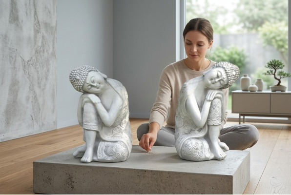 Decorative Buddha sculpture with a stone look. Large sculpture for garden figure.