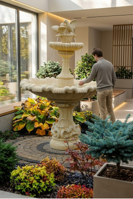 Decorative fountain, spring fountain, fountain, garden decoration, fountain, pond, pigeons, bird