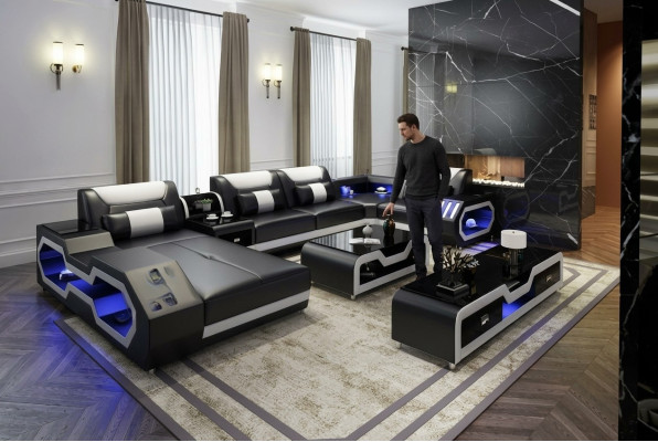 XXL Living Room Sofa Couch Upholstery Corner Unit Sofas + USB + Light
