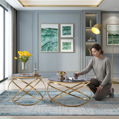 Designer Metal Stainless Steel Couch with Artificial Marble Table + Side Tables Sofa 2-piece Set.