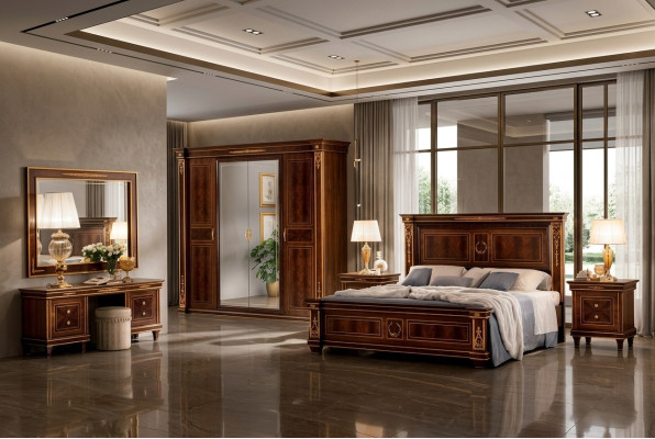 Bedroom set bed bedside table dresser mirror stool new 7-piece baroque