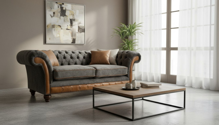 XXL Sofa 3 Seater Couch Chesterfield Upholstered Seating Suite Leather Textile New Gray