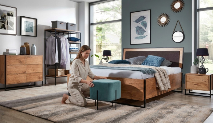 5-piece complete set wood bedroom loft style design bed dresser wardrobe
