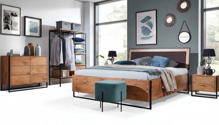 5-piece complete set wood bedroom loft style design bed dresser wardrobe