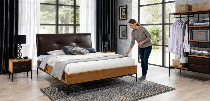Bed wood loft designer beds upholstered leather fabric textile hotel 140 160 180 x 200