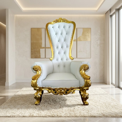 A beautiful white, ornate armchair in Baroque and Chesterfield style with Chesterfield-style elements.