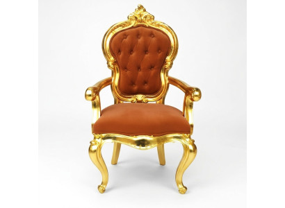 Elegant Baroque chair in original orange hue with shiny gold-colored supports