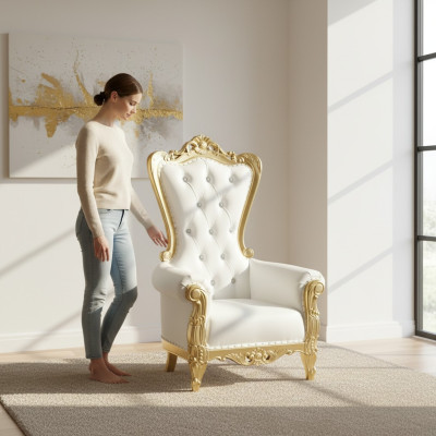 Elegant white armchair with a dynamic silhouette and magnificent decorative elements in the form of floral patterns.