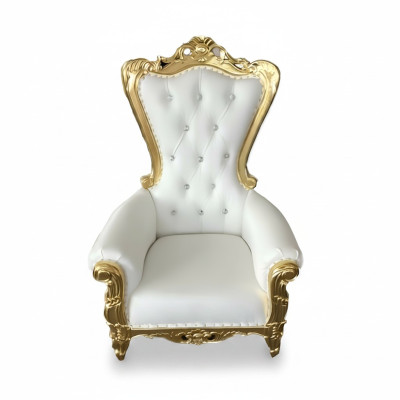Elegant white armchair with a dynamic silhouette and magnificent decorative elements in the form of floral patterns.