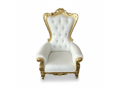 Elegant white armchair with a dynamic silhouette and magnificent decorative elements in the form of floral patterns.