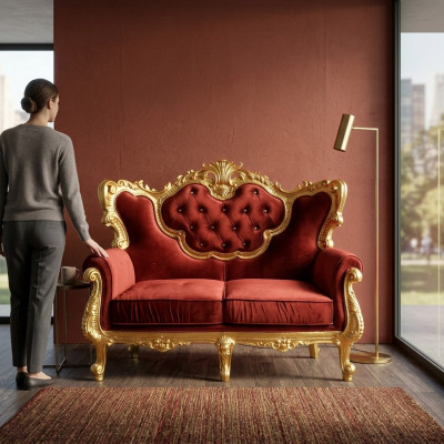 Chic 2-seater sofa with a bright color combination of elegant red and shiny gold tone in Baroque style