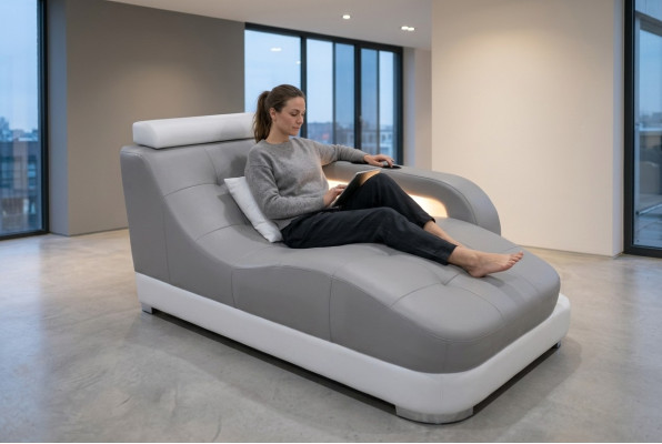 Designer leather chaise longues, modern gray lounge ottoman sofa, genuine leather relax.