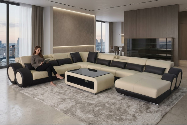 Leather sofa living landscape suite design modern corner sofa U-shape chaise G8035