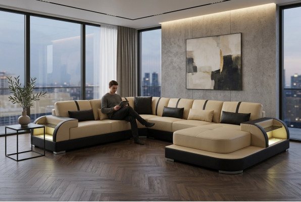 Leather couch upholstery seat corner set modern design sofas living landscape U shape