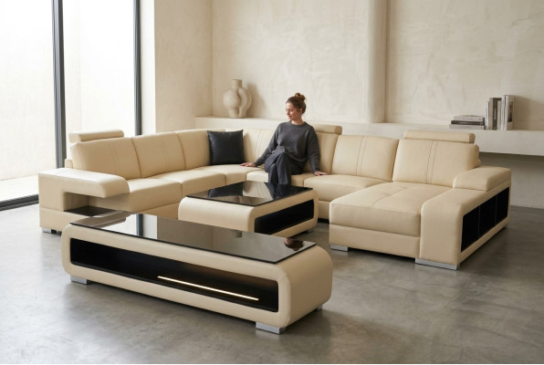 Leather sofa living room set design modern corner sofa U-shape table RTV G8028