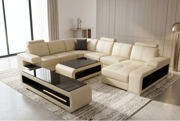 Leather sofa living room set design modern corner sofa U-shape table RTV G8028