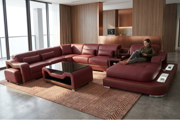 Leather living room set design modern corner sofa U-shaped G8027G table
