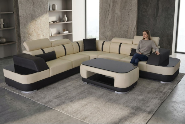 Corner sofa leather upholstery corner seat set couches L shape + table living area