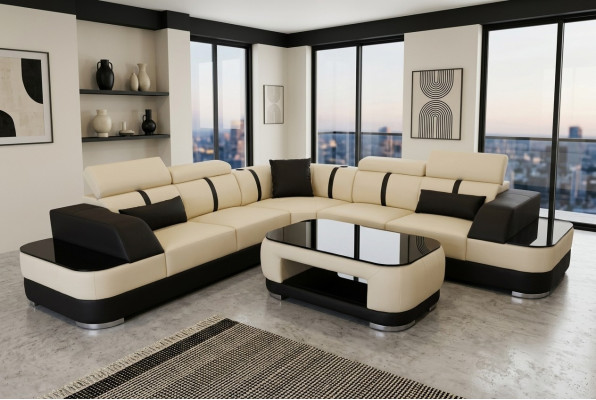 Corner sofa leather upholstery corner seat set couches L shape + table living area