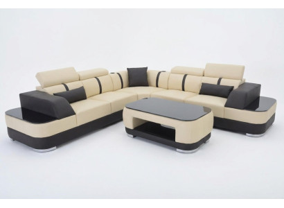Corner sofa leather upholstery corner seat set couches L shape + table living area