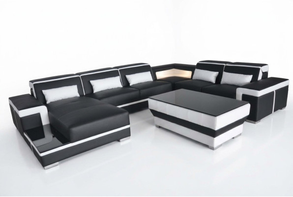 XXL Leather Sofa Upholstery Living Room Couch Seating Set Corner Sectional Sofas + Table