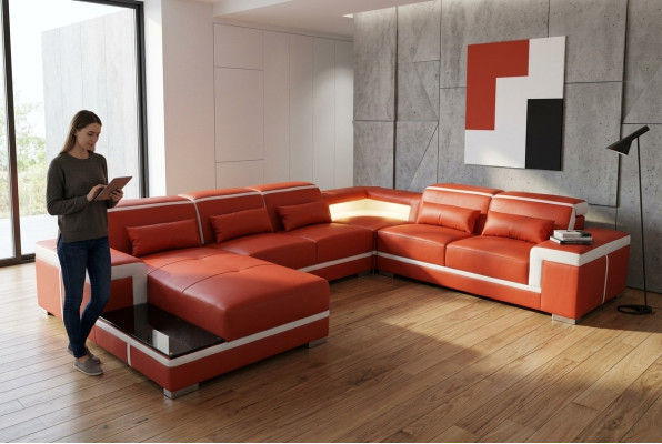 Comfortable XXL leather sofa with innovative ergonomics and LED lighting.