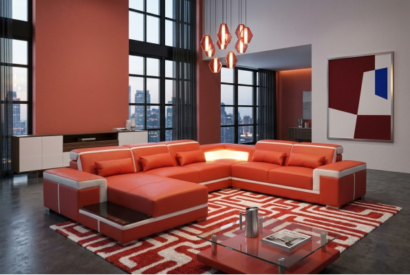 Comfortable XXL leather sofa with innovative ergonomics and LED lighting.