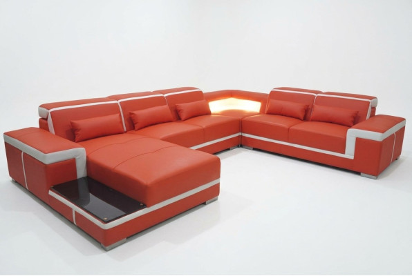 Comfortable XXL leather sofa with innovative ergonomics and LED lighting.